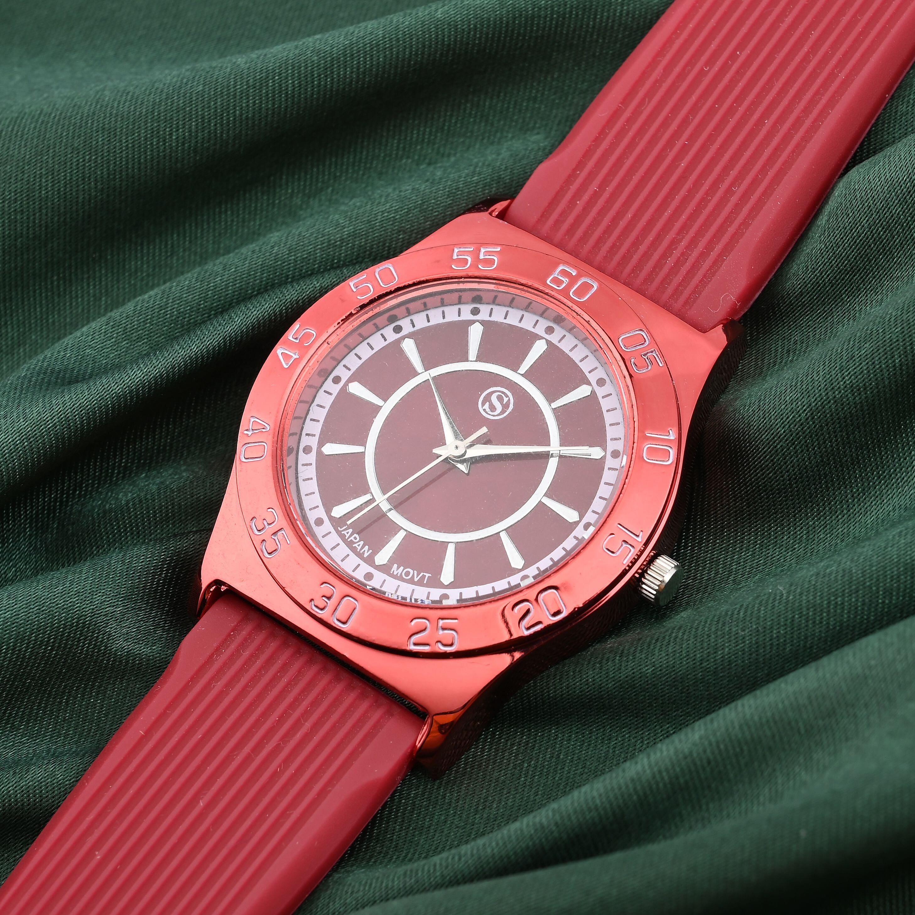 STRADA Japanese Movement Red Sunshine Dial Water Resistant Watch with Red Silicon Strap