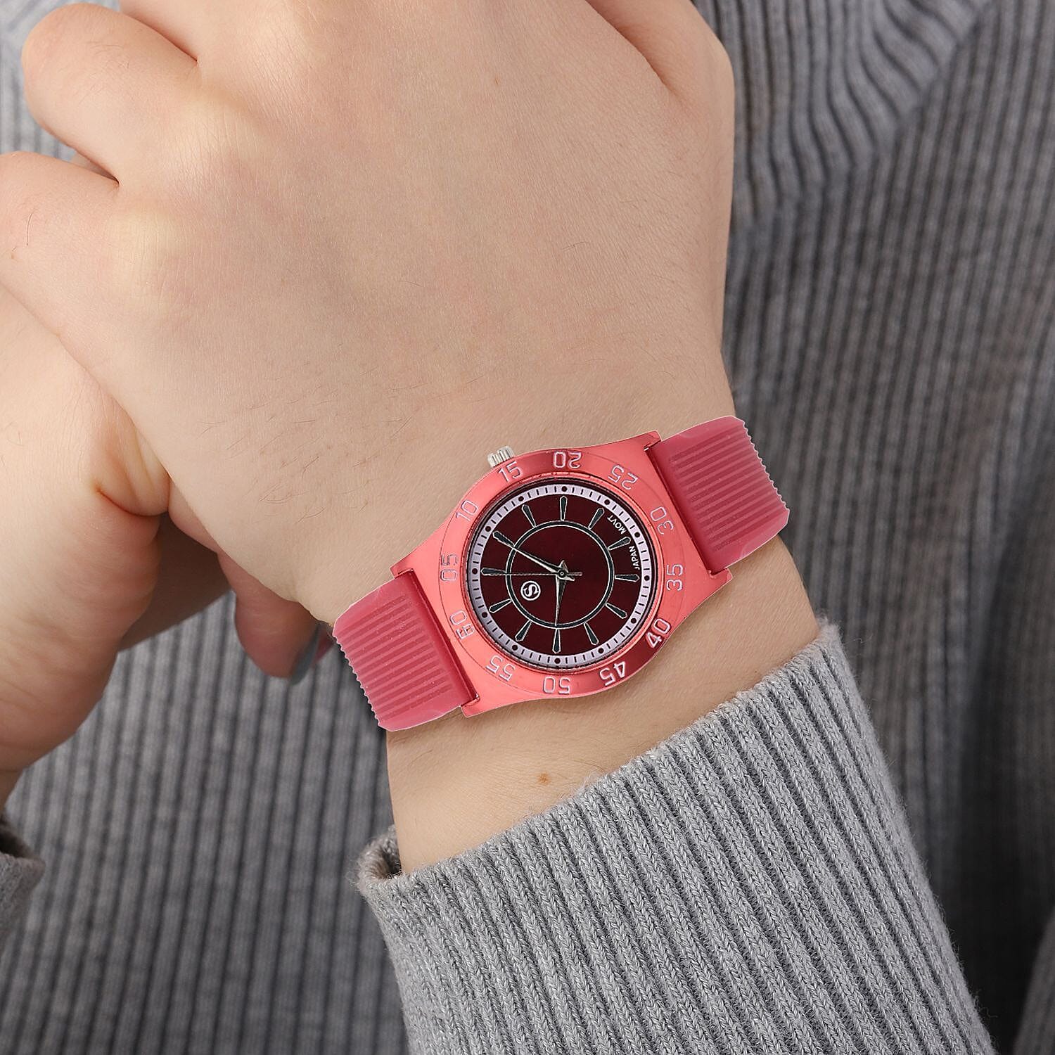 STRADA Japanese Movement Red Sunshine Dial Water Resistant Watch with Red Silicon Strap