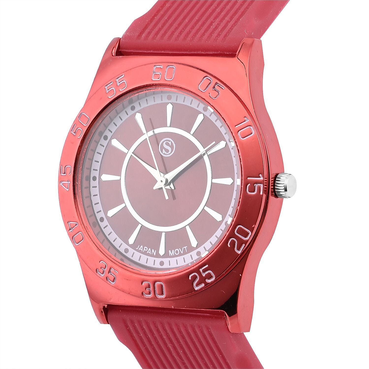 STRADA Japanese Movement Red Sunshine Dial Water Resistant Watch with Red Silicon Strap