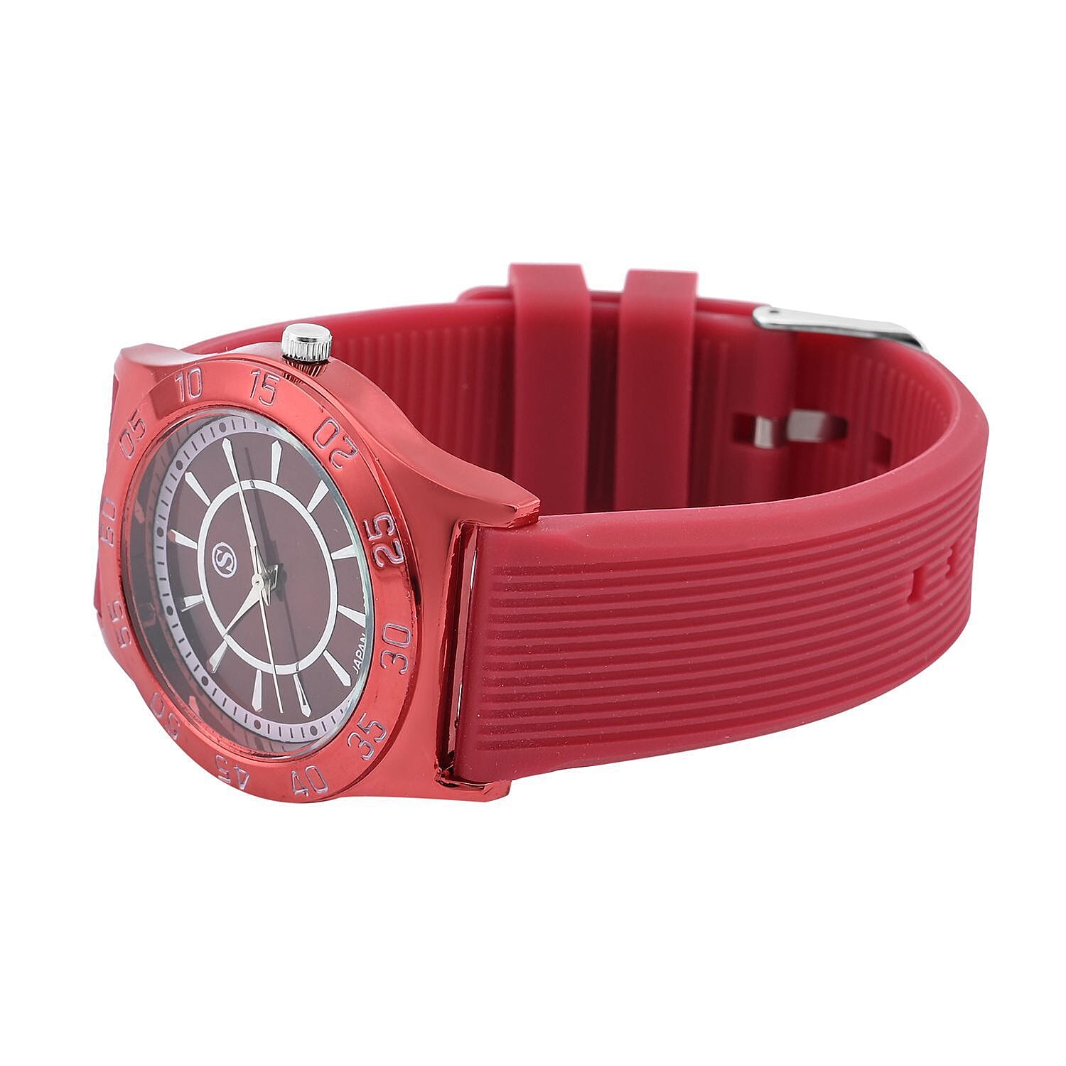 STRADA Japanese Movement Red Sunshine Dial Water Resistant Watch with Red Silicon Strap
