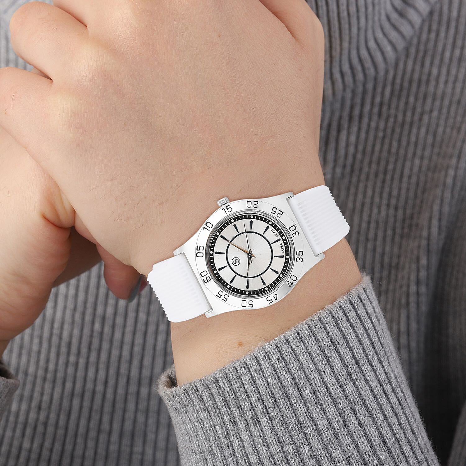 STRADA Japanese Movement White Sunshine Dial Water Resistant Watch with White Silicon Strap