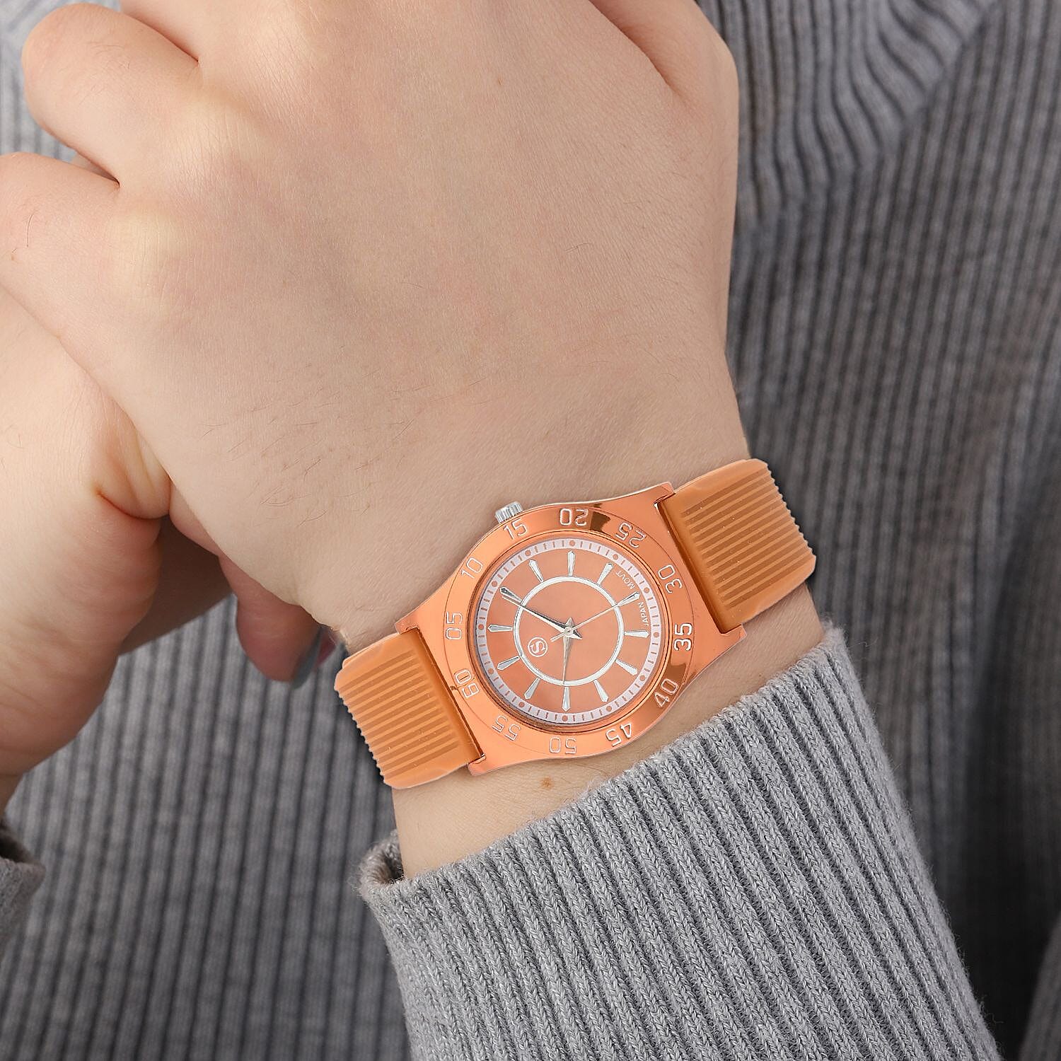 STRADA Japanese Movement Orange Sunshine Dial Water Resistant Watch with Orange Silicon Strap