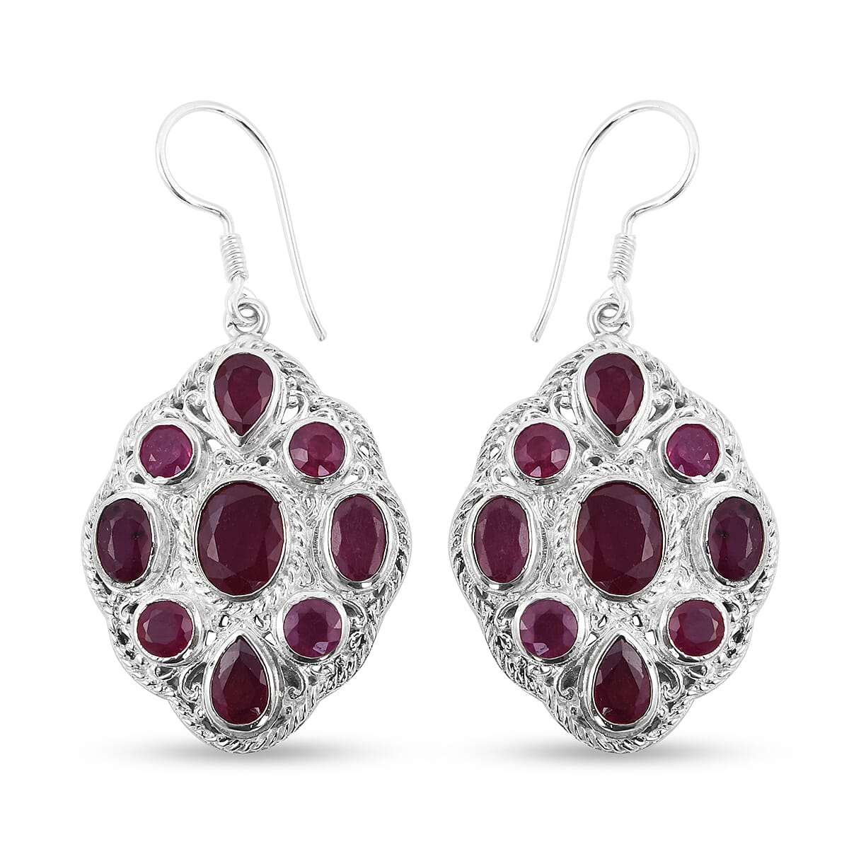 Cabo Delgado Ruby (FF) Fish Hook Earrings in Sterling Silver 12.54 Ct, Silver Wt. 13.45 Gms.