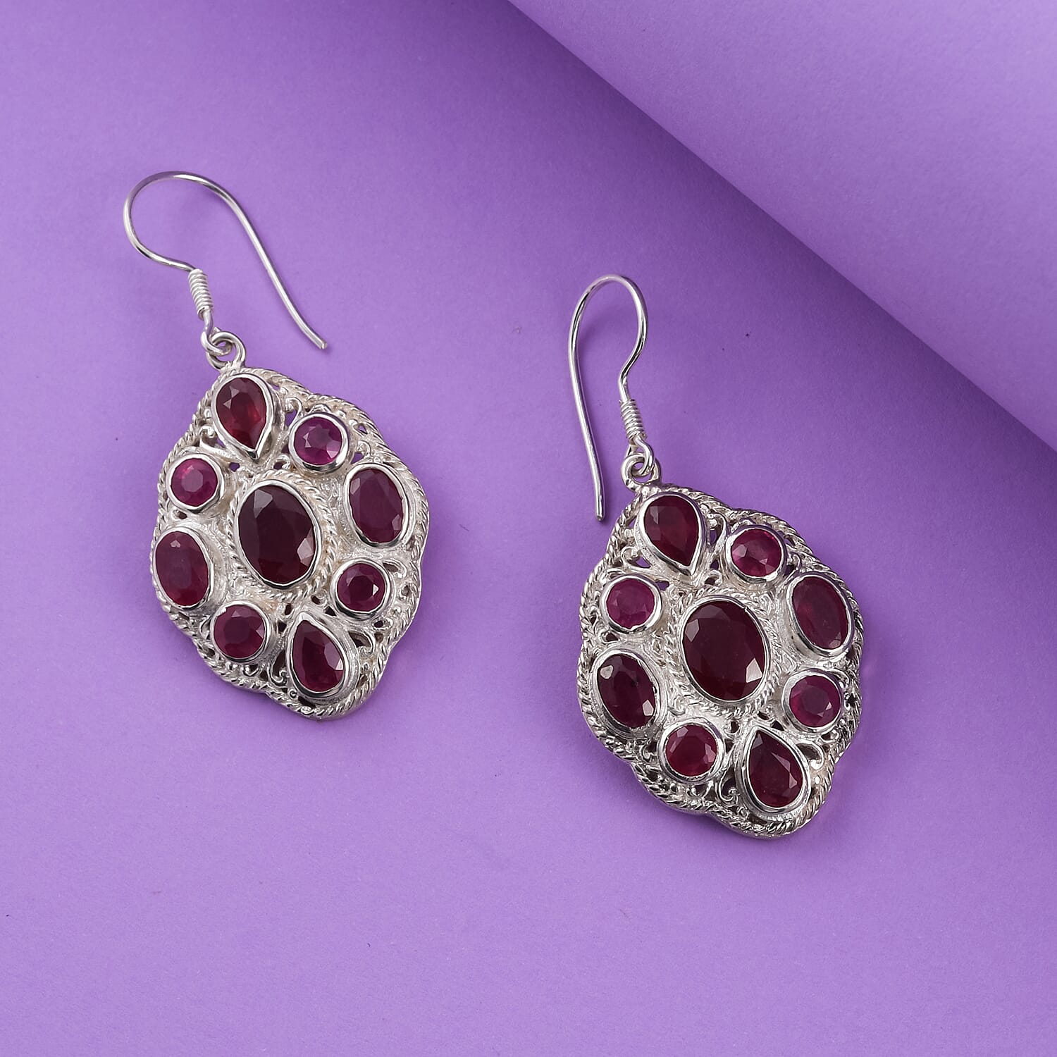 Cabo Delgado Ruby (FF) Fish Hook Earrings in Sterling Silver 12.54 Ct, Silver Wt. 13.45 Gms.