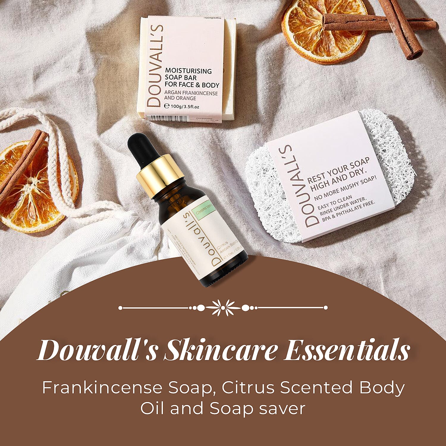 Douvalls- Frankincense Soap - 100g, Douvalls- Citrus Scented Body Oil - 15ml & Douvalls- Soap saver