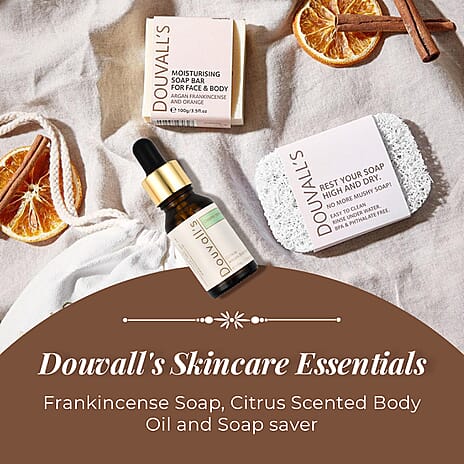 Douvalls- Frankincense Soap - 100g, Douvalls- Citrus Scented Body Oil - 15ml & Douvalls- Soap saver
