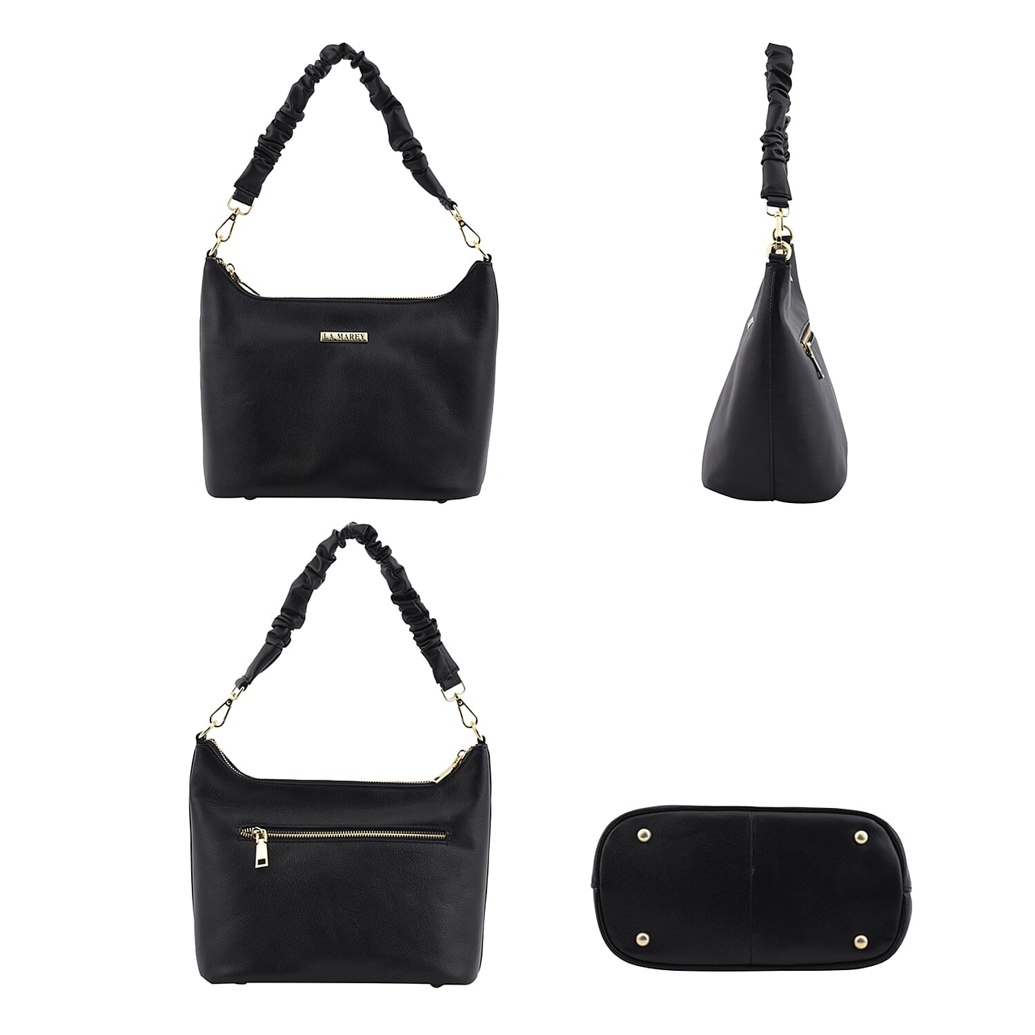 LA MAREY Genuine Leather Hobo Bag with Detachable Strap - Black