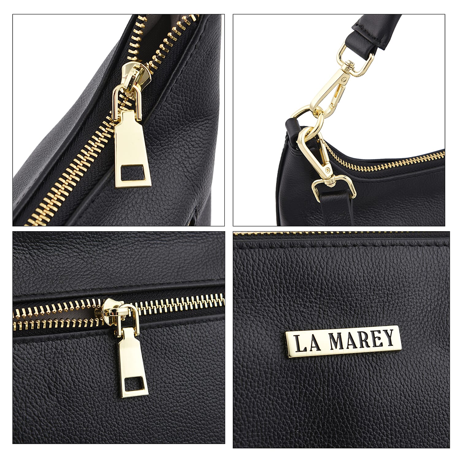 LA MAREY Genuine Leather Hobo Bag with Detachable Strap - Black