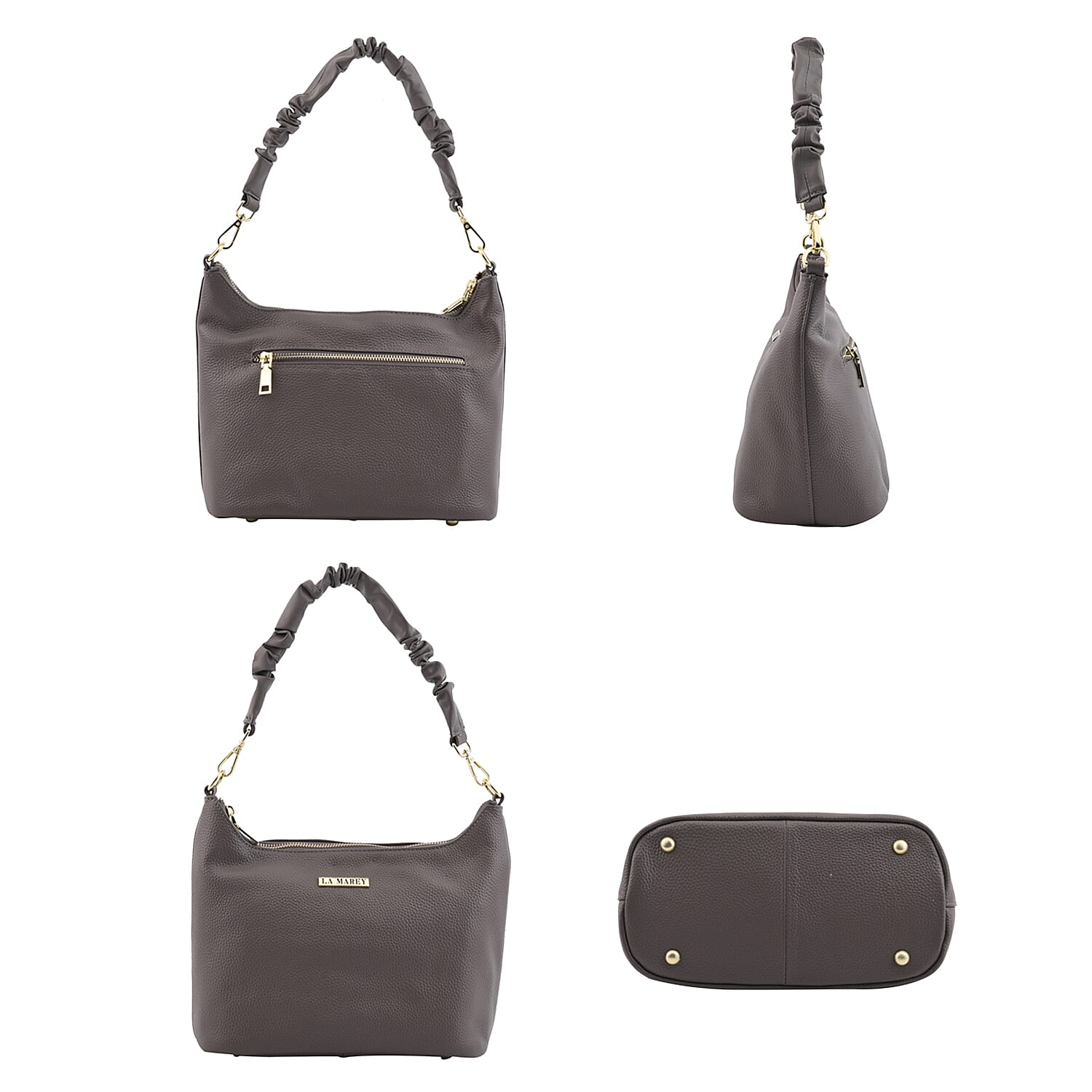 LA MAREY 100% Genuine Leather Hobo Bag with Detachable Strap (Size 27x20x13 Cm) - Grey