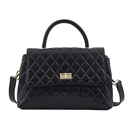 LA MAREY 100% Genuine Leather Diamond Pattern Convertible Bag with Detachable Strap (Size 26x16x10 Cm) - Black