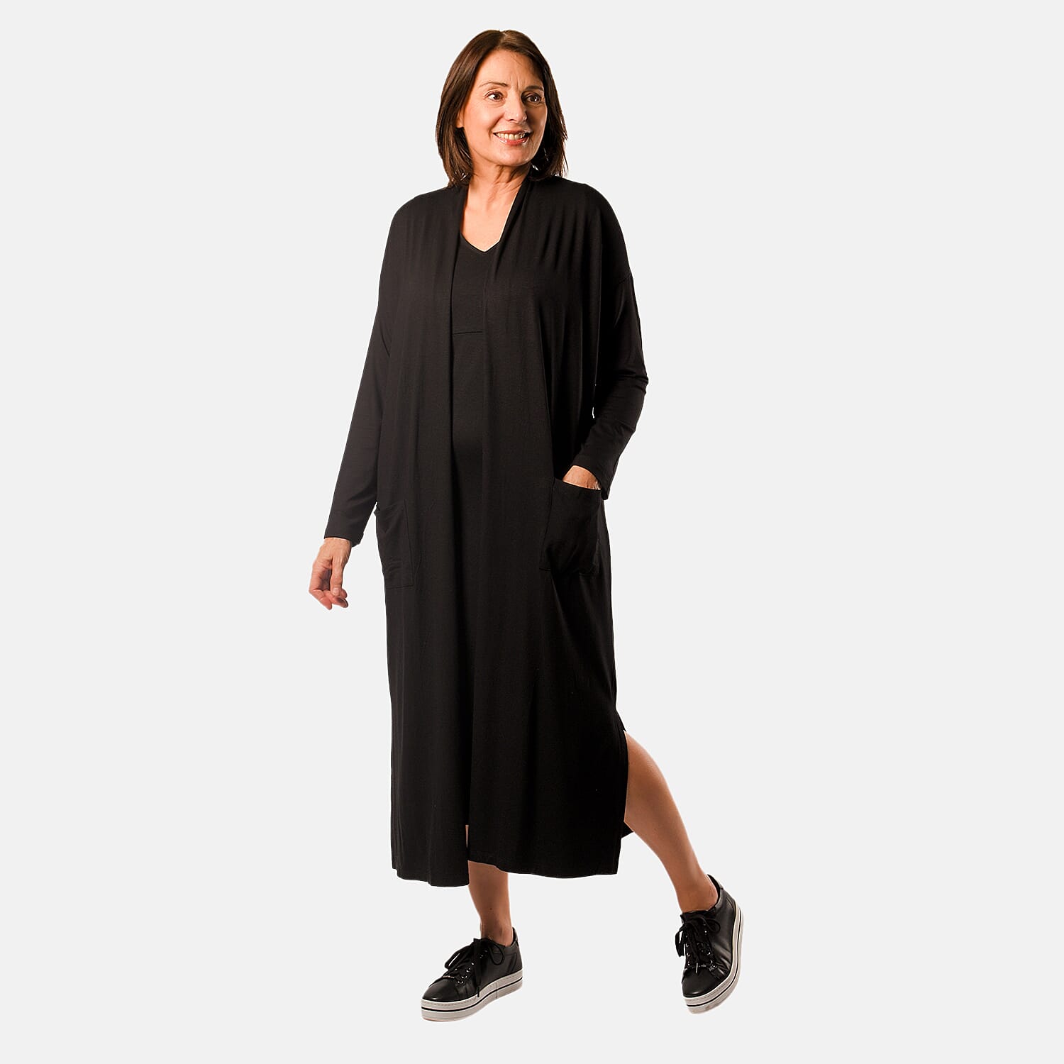 Long Sleeve V - Neck Full Sleeves Dress (Size L) - Black