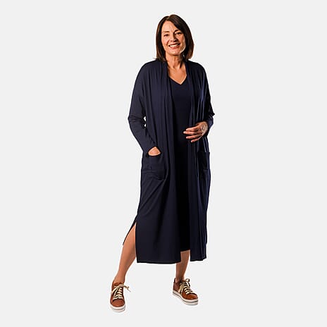 V - Neck Long Sleeves Midi Dress with Pocket (Size L) - Navy Blue