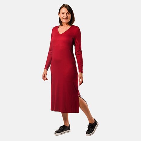 Long Sleeve V - Neck Full Sleeves Dress (Size M) - Cranberry