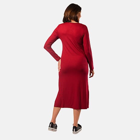 Long Sleeve V - Neck Full Sleeves Dress (Size M) - Cranberry