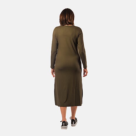 TAMSY V - Neck Long Sleeve Midi Dress with Pocket (Size XL) - Olive