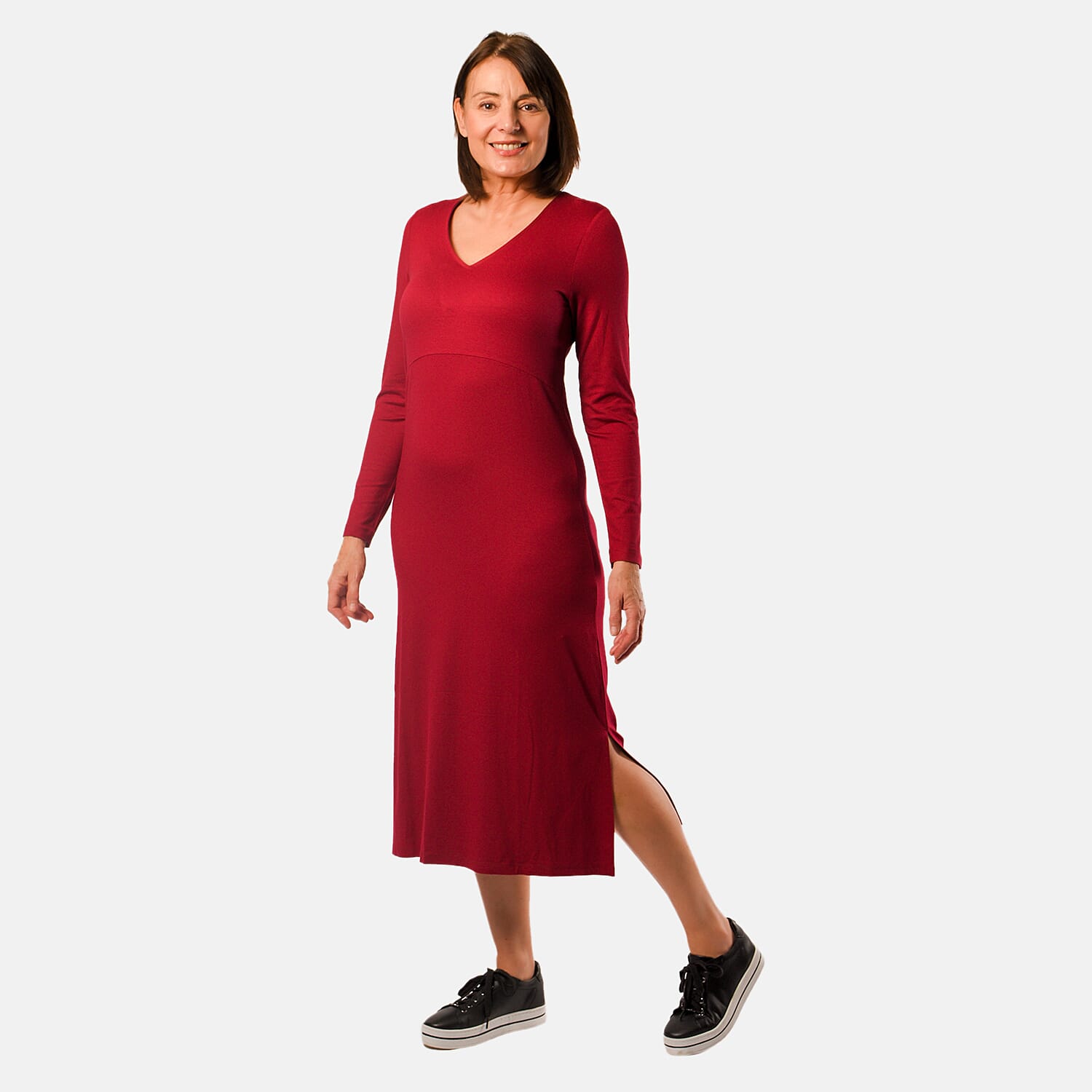 Long Sleeve V - Neck Full Sleeves Dress (Size XXL) - Cranberry