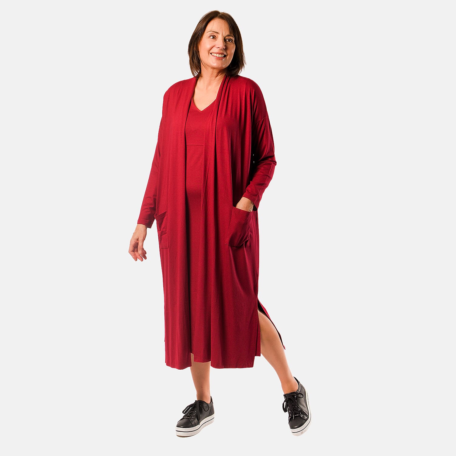 Long Sleeve V - Neck Full Sleeves Dress (Size XXL) - Cranberry