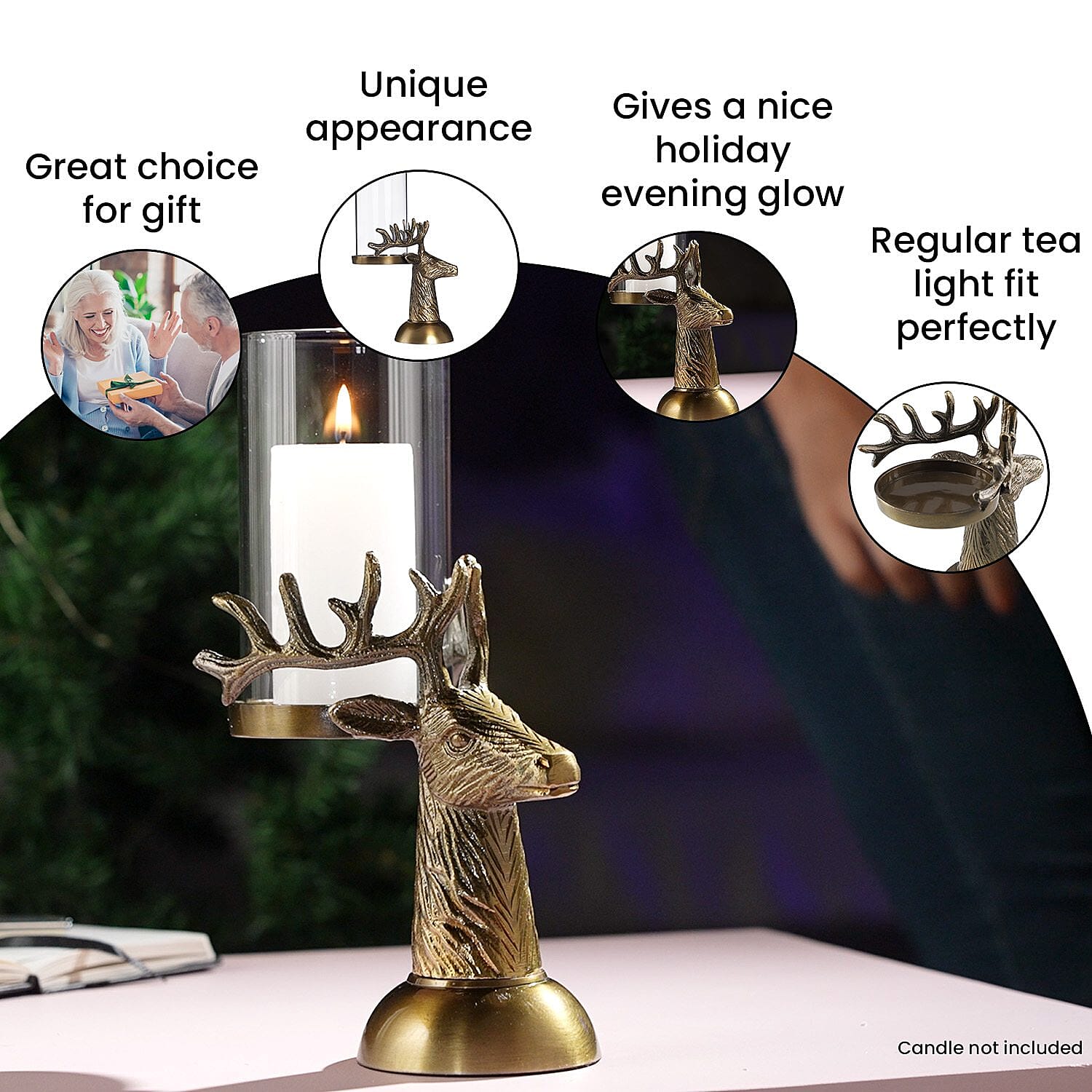 Reindeer Figurine Tealight Holder (Size 25x15 Cm) - Golden