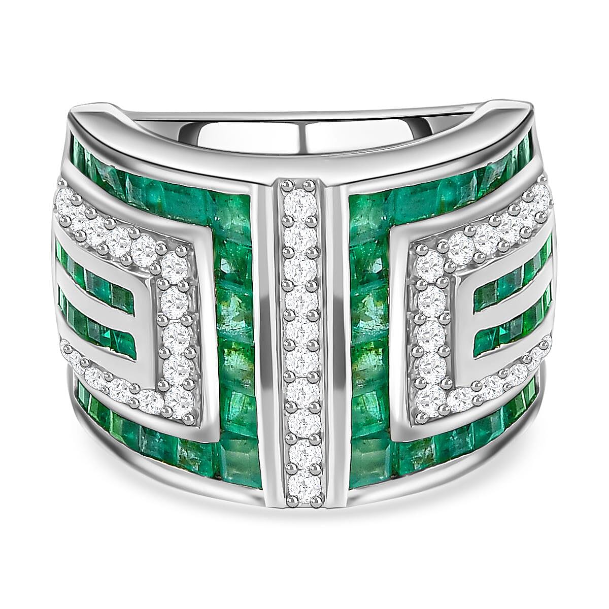 Kagem Zambian Emerald and Natural Zircon Ring in Platinum Overlay Sterling Silver 3.89 Ct, Silver Wt. 10.00 Gms.