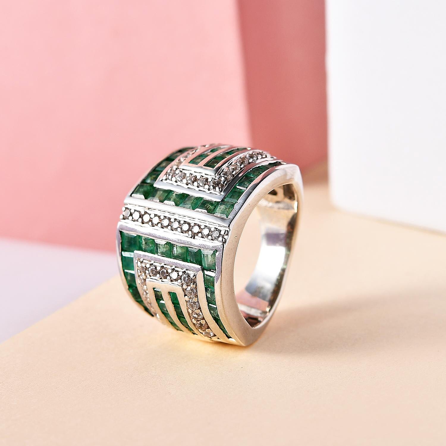 Kagem Zambian Emerald and Natural Zircon Ring in Platinum Overlay Sterling Silver 3.89 Ct, Silver Wt. 10.00 Gms.