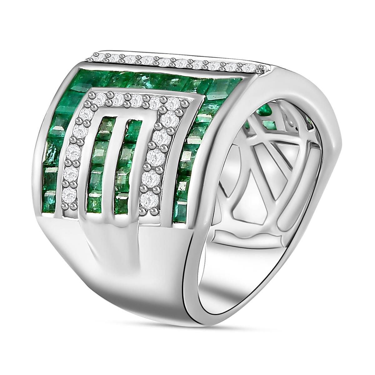 Kagem Zambian Emerald and Natural Zircon Ring in Platinum Overlay Sterling Silver 3.89 Ct, Silver Wt. 10.00 Gms.
