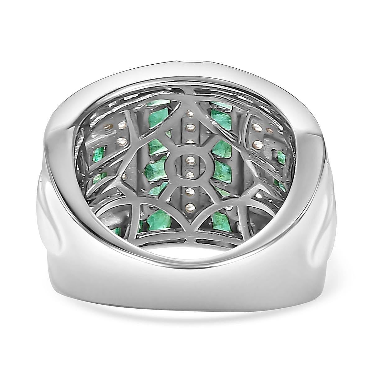 Kagem Zambian Emerald and Natural Zircon Ring in Platinum Overlay Sterling Silver 3.89 Ct, Silver Wt. 10.00 Gms.