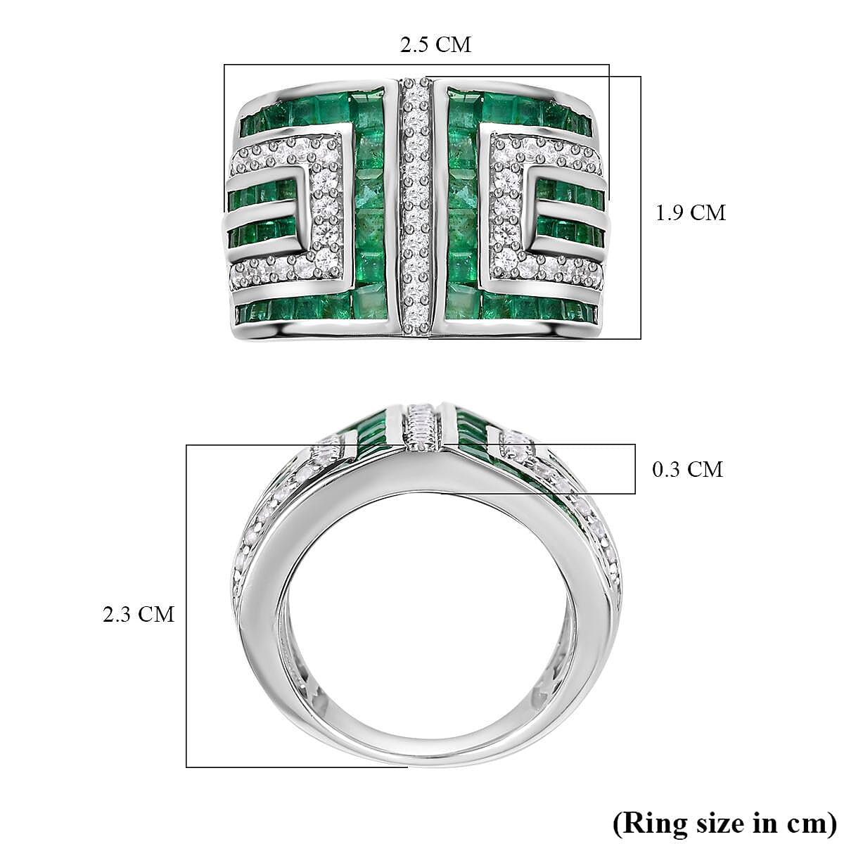 Kagem Zambian Emerald and Natural Zircon Ring in Platinum Overlay Sterling Silver 3.89 Ct, Silver Wt. 10.00 Gms.