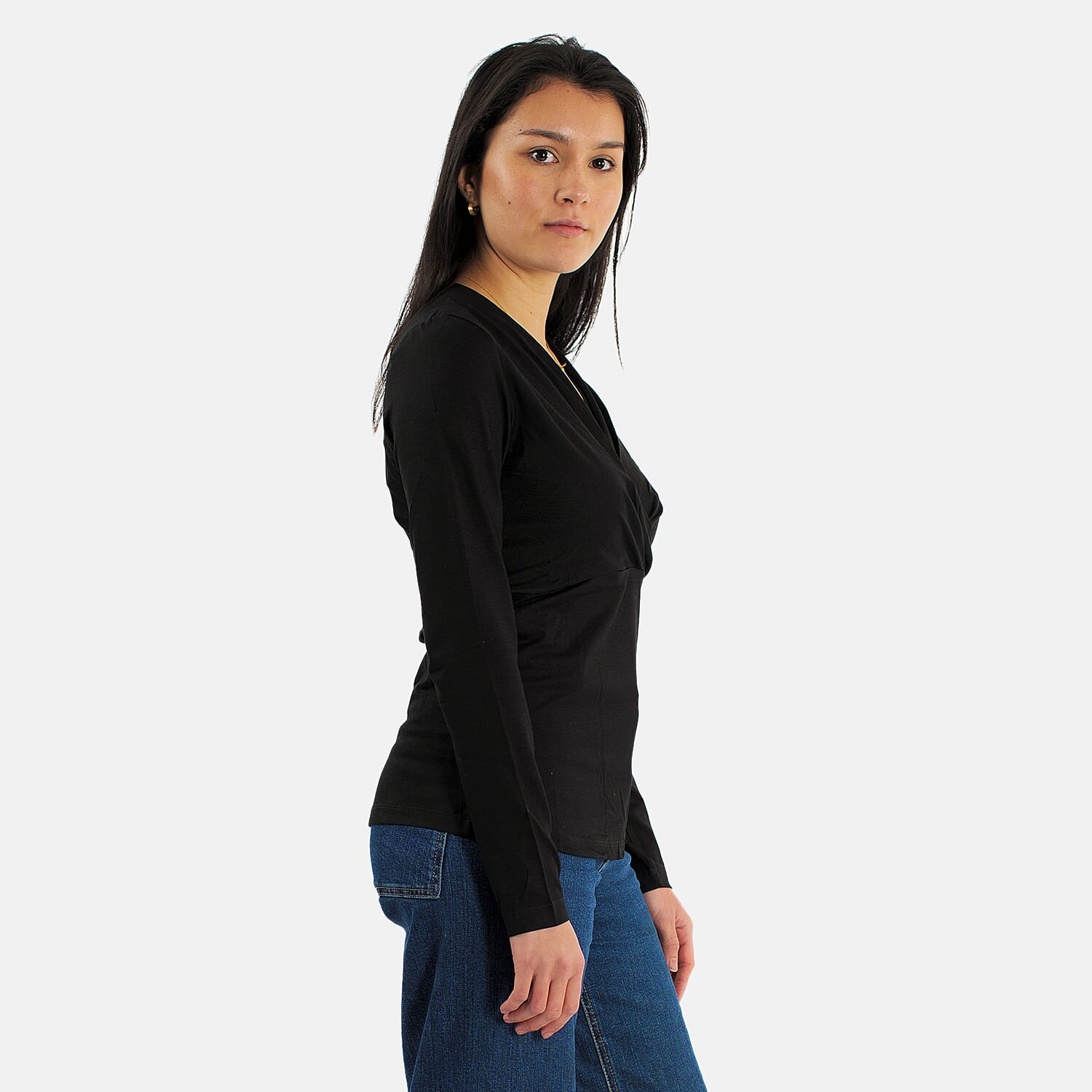 TAMSY Viscose Long Sleeves Wrap Top (Size XXL,24-26) - Black