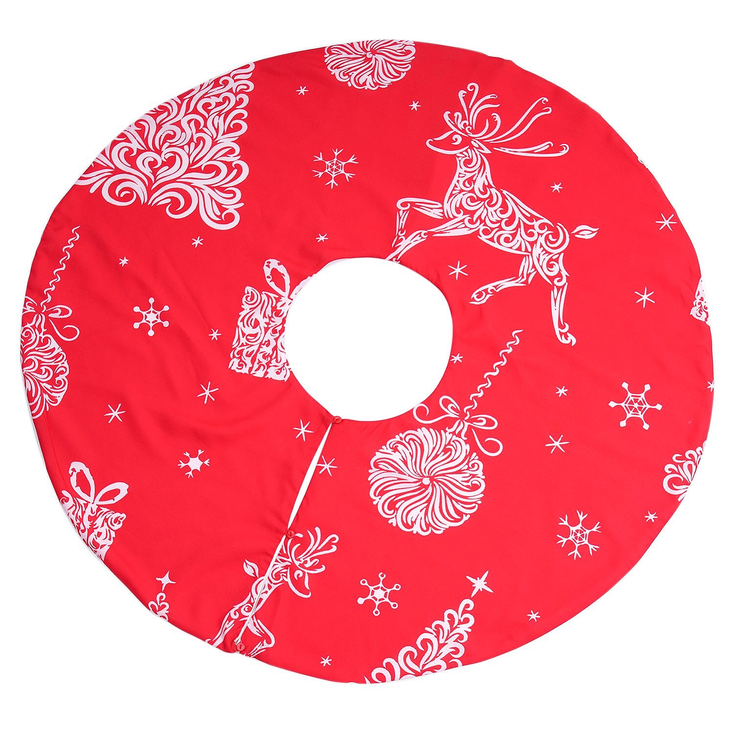 100% Cotton Reindeer Print Christmas Tree Skirt (Size 89Dia Cm) - Red