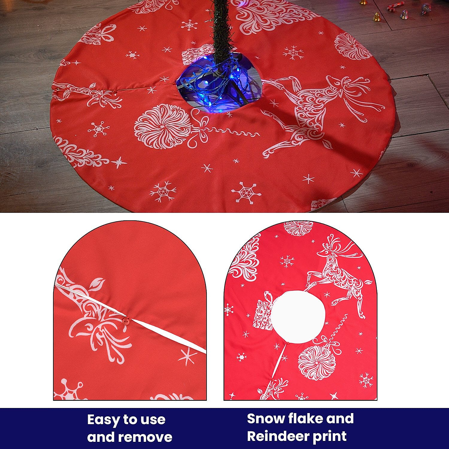 100% Cotton Reindeer Print Christmas Tree Skirt (Size 89Dia Cm) - Red