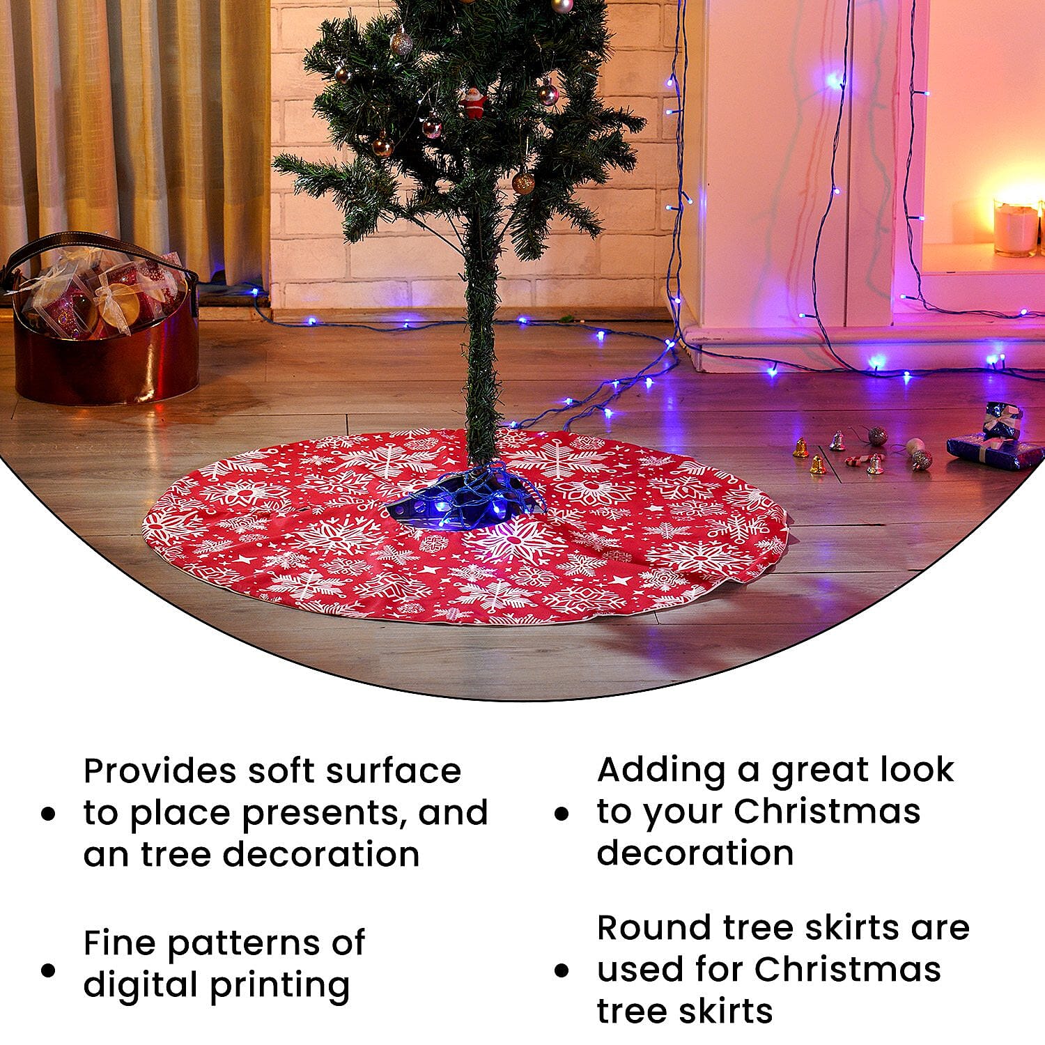 100% Cotton Snowflake Print Christmas Tree Skirt (Size 89Dia Cm) - Red