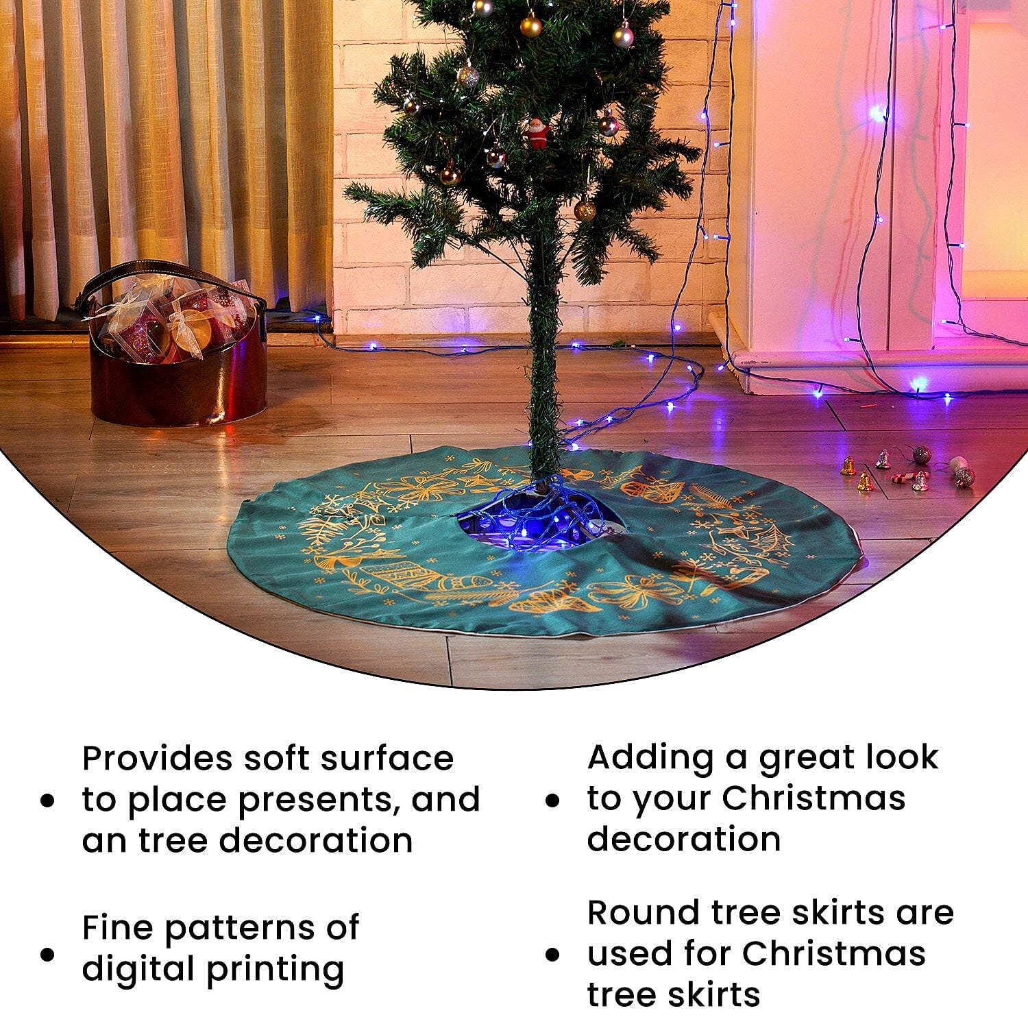 100% Cotton Star, Christmas Stick Print Christmas Tree Skirt (Size 89Dia Cm) - Green