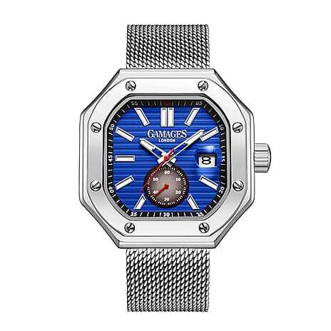 GAMAGES OF LONDON Octave Automatic Movt Blue Dial Water Resistant Watch with Silver Mesh Bracelet