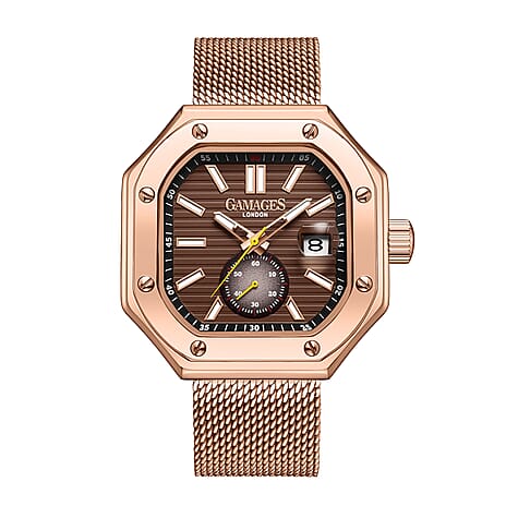 GAMAGES OF LONDON Octave Automatic Movt. Brown Dial Water Resistant Watch with Rose Gold Mesh Bracelet