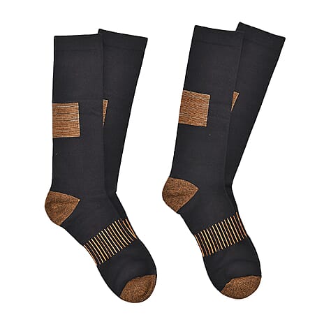 2 Pairs Antibacterial Copper Infused Compression Long Socks (Size L-XL, 9 to13) - Black