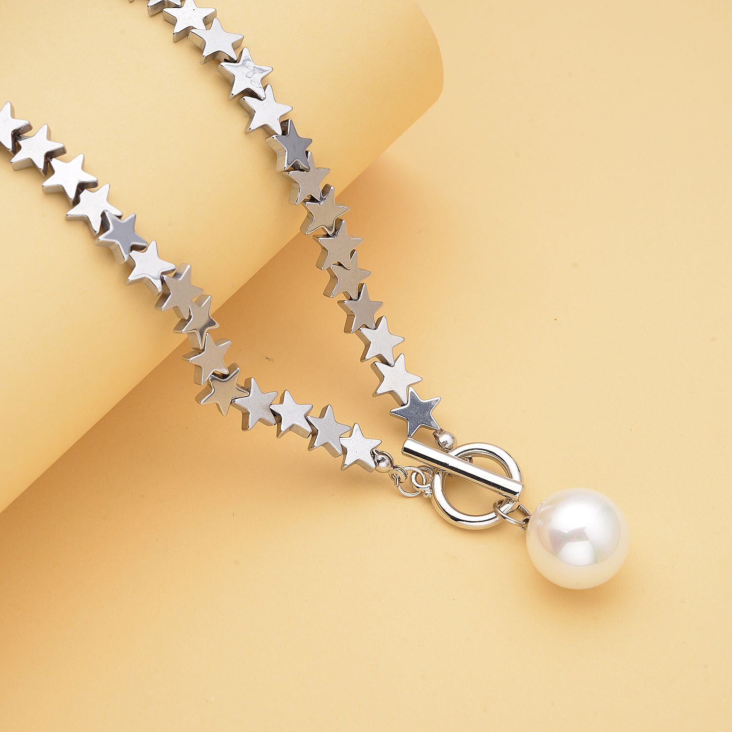 White Shell Pearl and Hematite Necklace (Size - 19.5) with T-bar Clasp