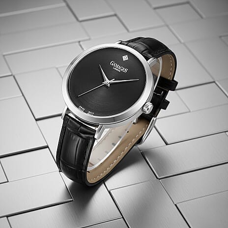 Gamages Of London Ladies Nebula Swiss Movement Black Dial Diamond Studded Water Resistant Watch with Black Leather Strap