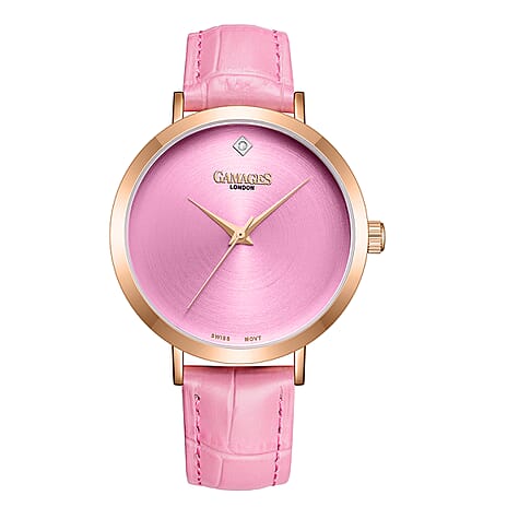 Gamages Of London Ladies Nebula Swiss Movement Pink Dial Diamond Studded Water Resistant Watch with Pink Leather Strap