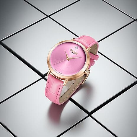 Gamages Of London Ladies Nebula Swiss Movement Pink Dial Diamond Studded Water Resistant Watch with Pink Leather Strap