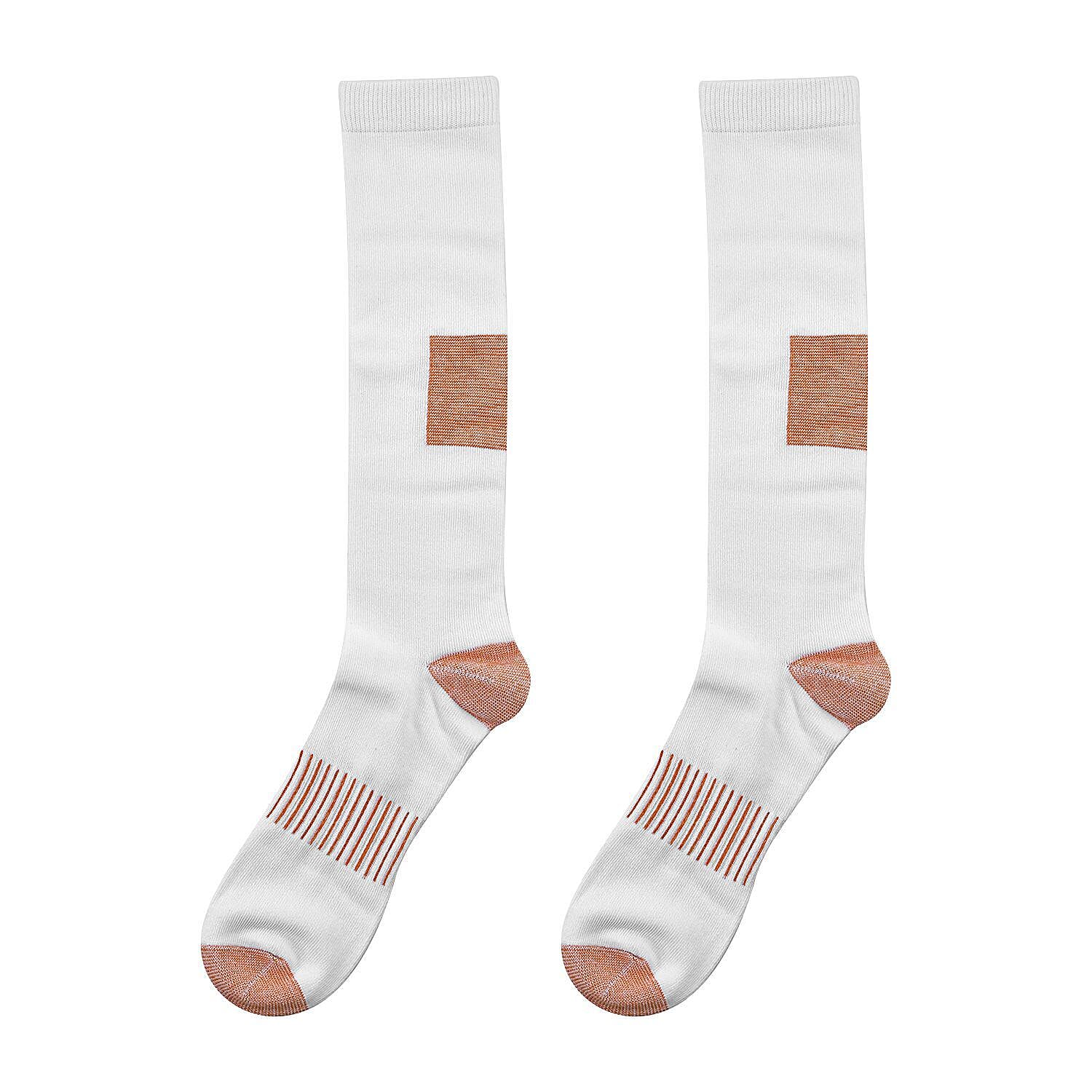 2 Pairs Antibacterial Copper Infused Compression Long Socks (Size L-XL, 9 to13) - White