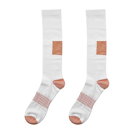 2 Pairs Antibacterial Copper Infused Compression Long Socks (Size L-XL, 9 to13) - White