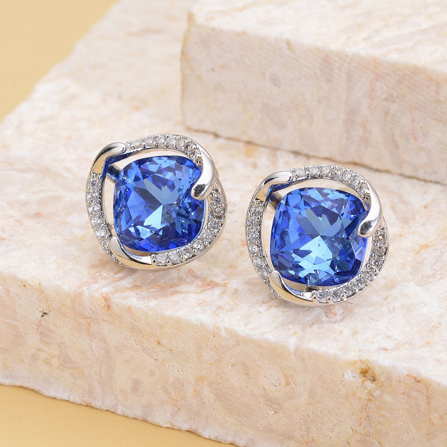Simulated Tanzanite and Simulated Diamond Earrings (With Push Back) in Silver Tone