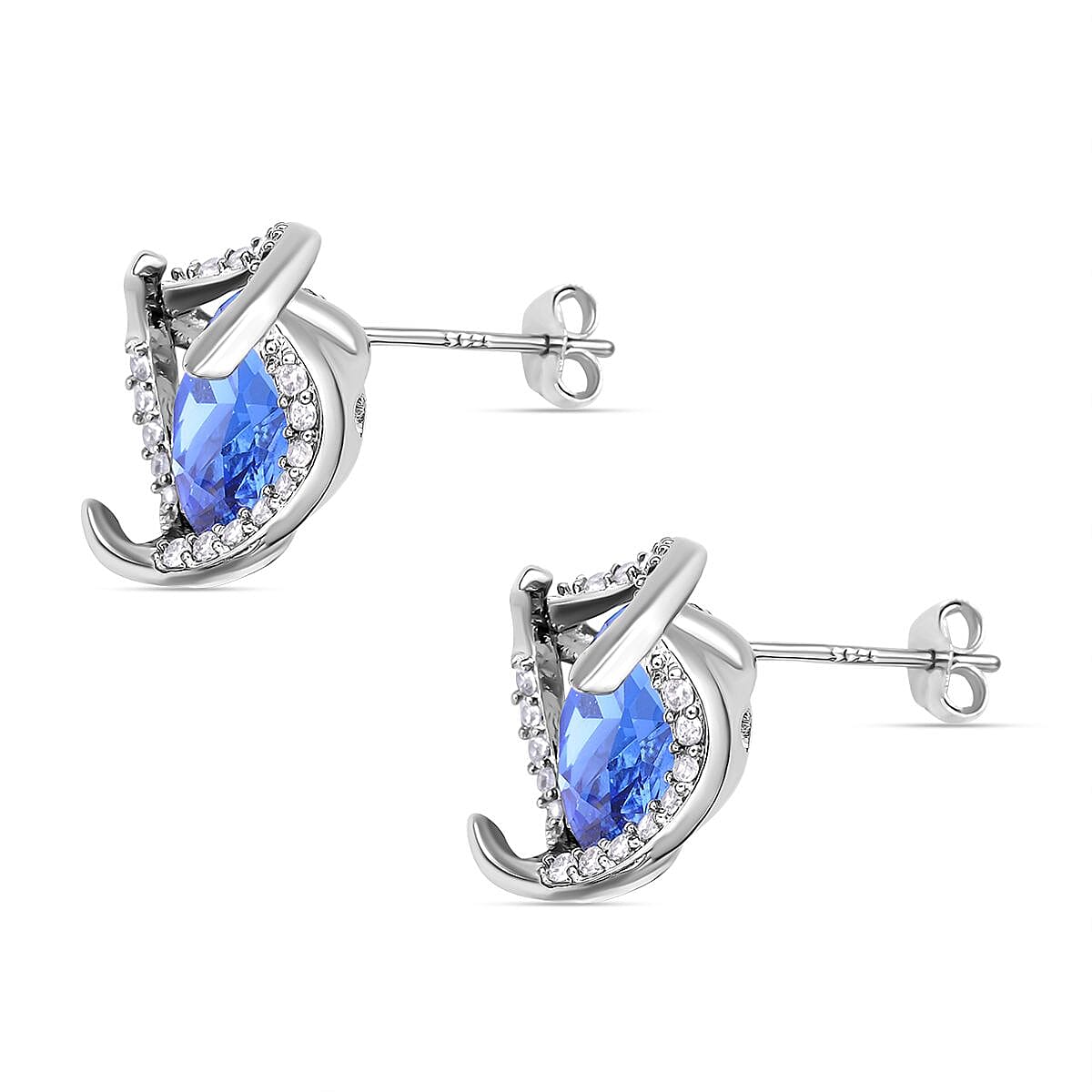 Simulated Tanzanite and Simulated Diamond Earrings (With Push Back) in Silver Tone