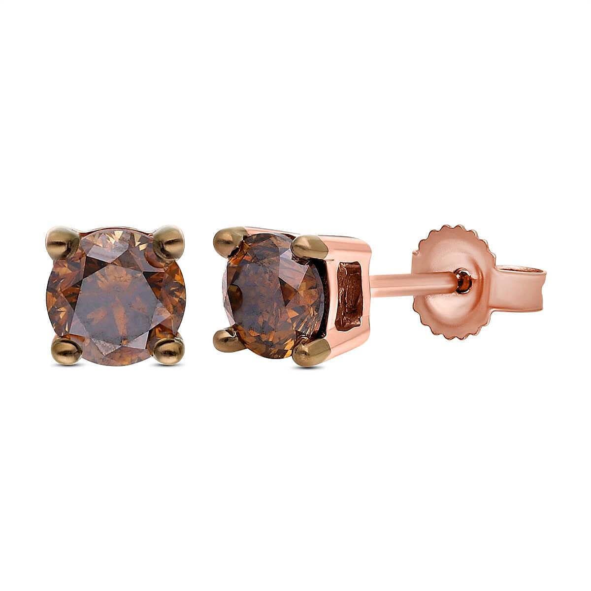 9K Rose Gold SGL Certified Natural Champagne Diamond (I-3) Stud Earrings 1.00 Ct.