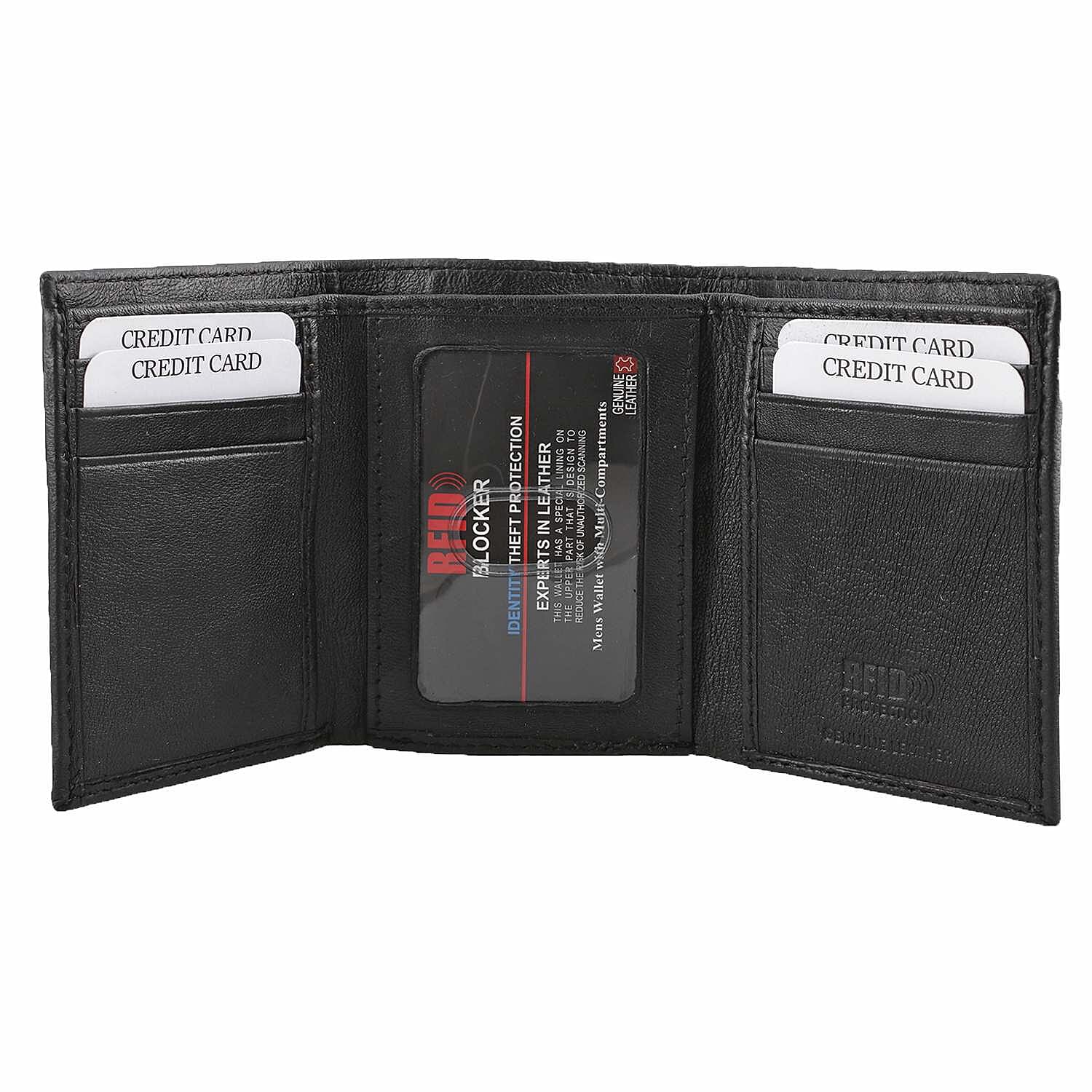 100% Genuine Leather Triflod Fold Men Wallet (RFID Protected) -Black