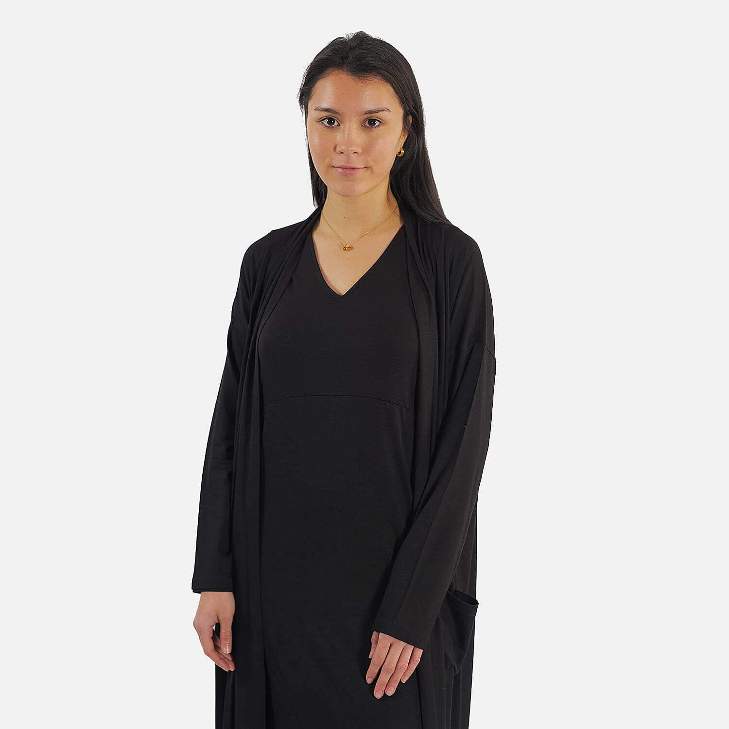 TAMSY Long Jersey Cardigan with Pocket - Black