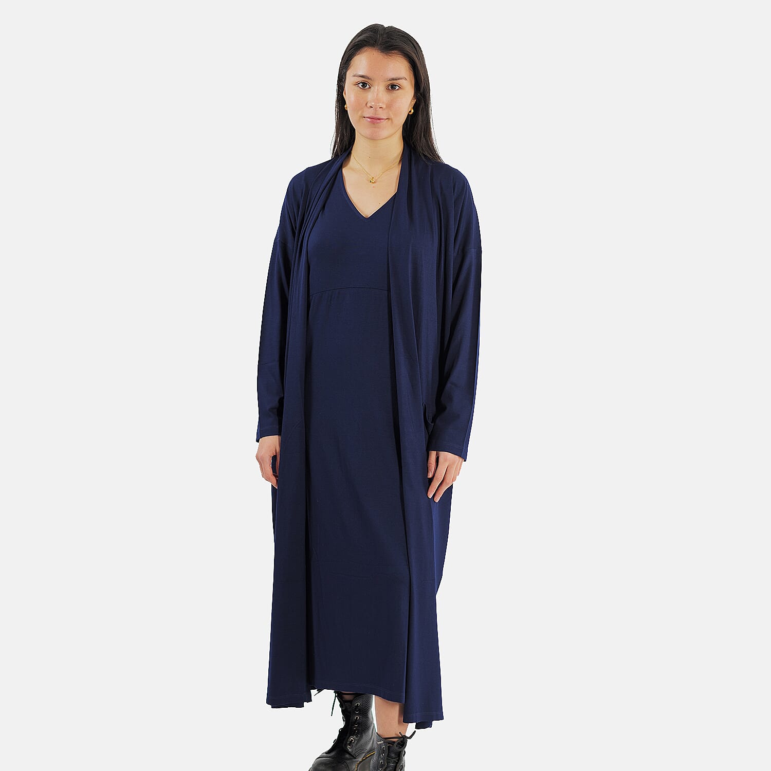 TAMSY Long Viscose Jersey Cardigan with Pocket (Size S,8-10) - Navy Blue