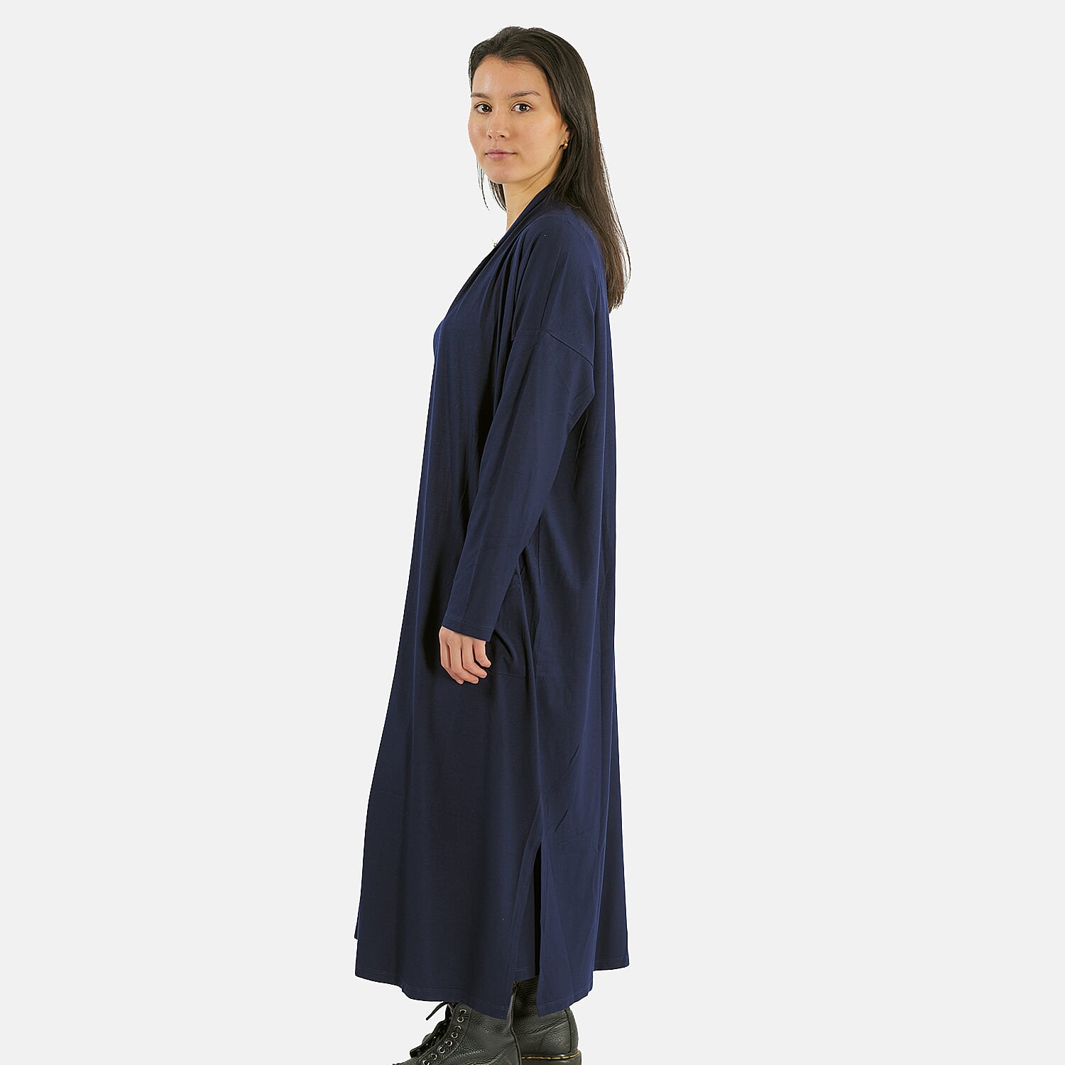 TAMSY Long Viscose Jersey Cardigan with Pocket (Size S,8-10) - Navy Blue