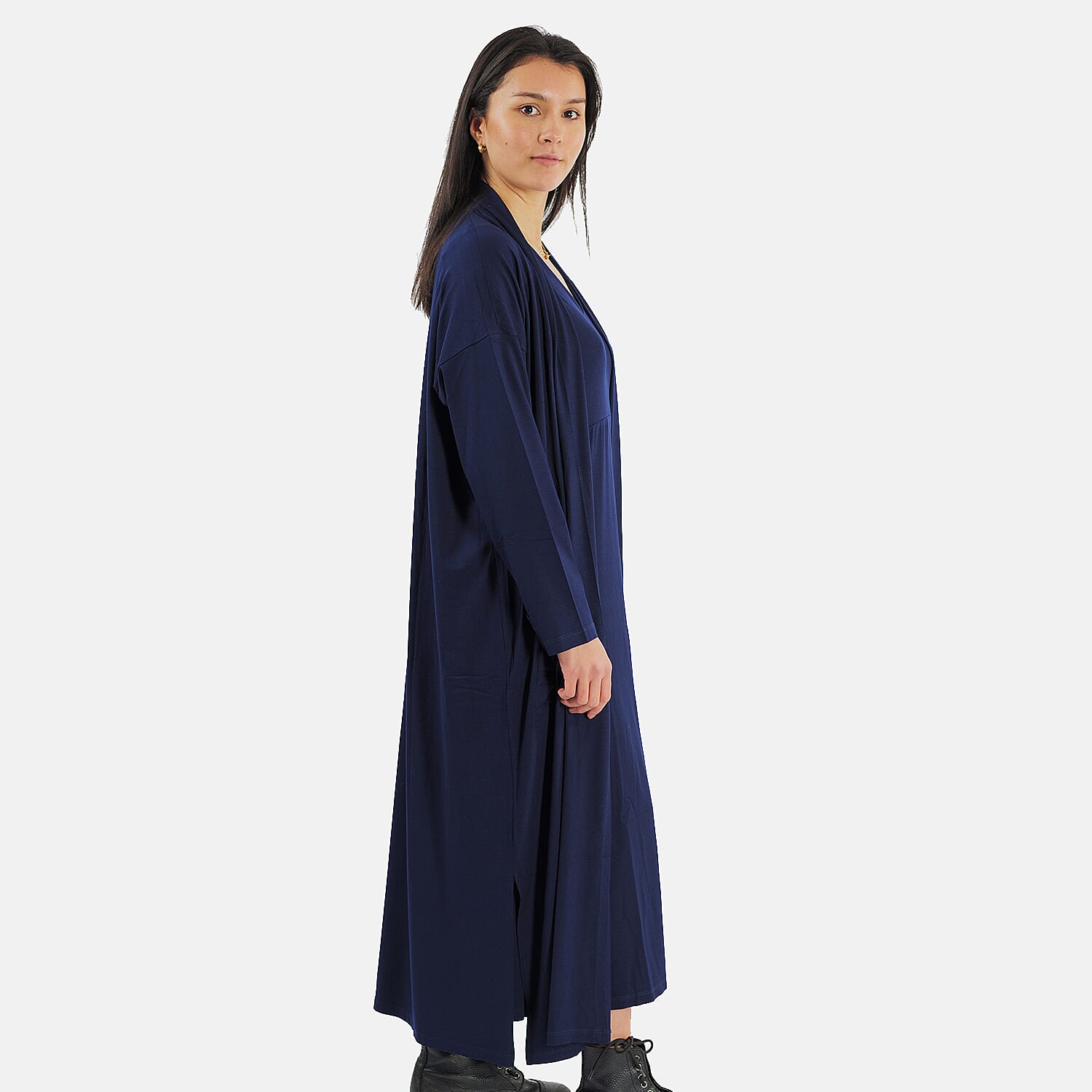 TAMSY Long Viscose Jersey Cardigan with Pocket (Size S,8-10) - Navy Blue