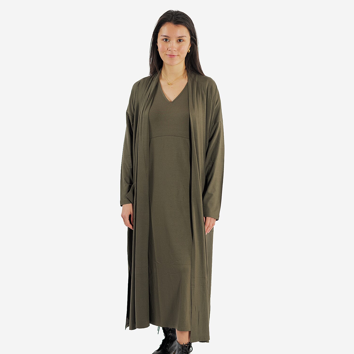 TAMSY Long Viscose Jersey Cardigan with Pocket (Size XL,20-22) - Olive Green